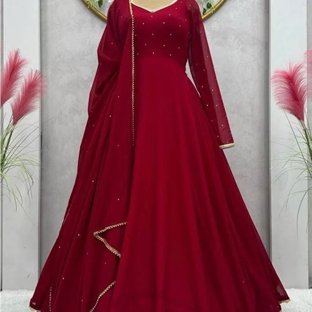 Elegant Red Gold Embroidered Women's Anarkali Kurta